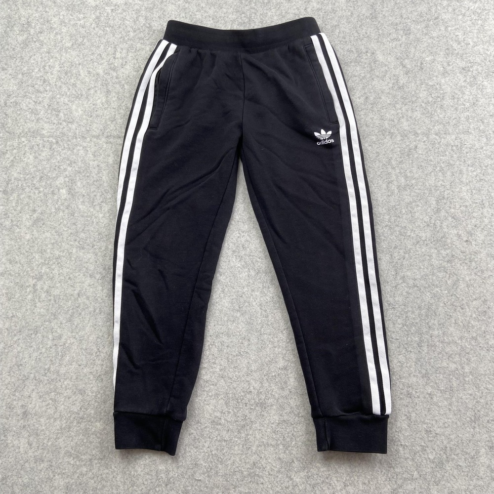 Adidas Pants Youth 7-8 Years (21x18) Black 3 Stripe Joggers French Terry Logo